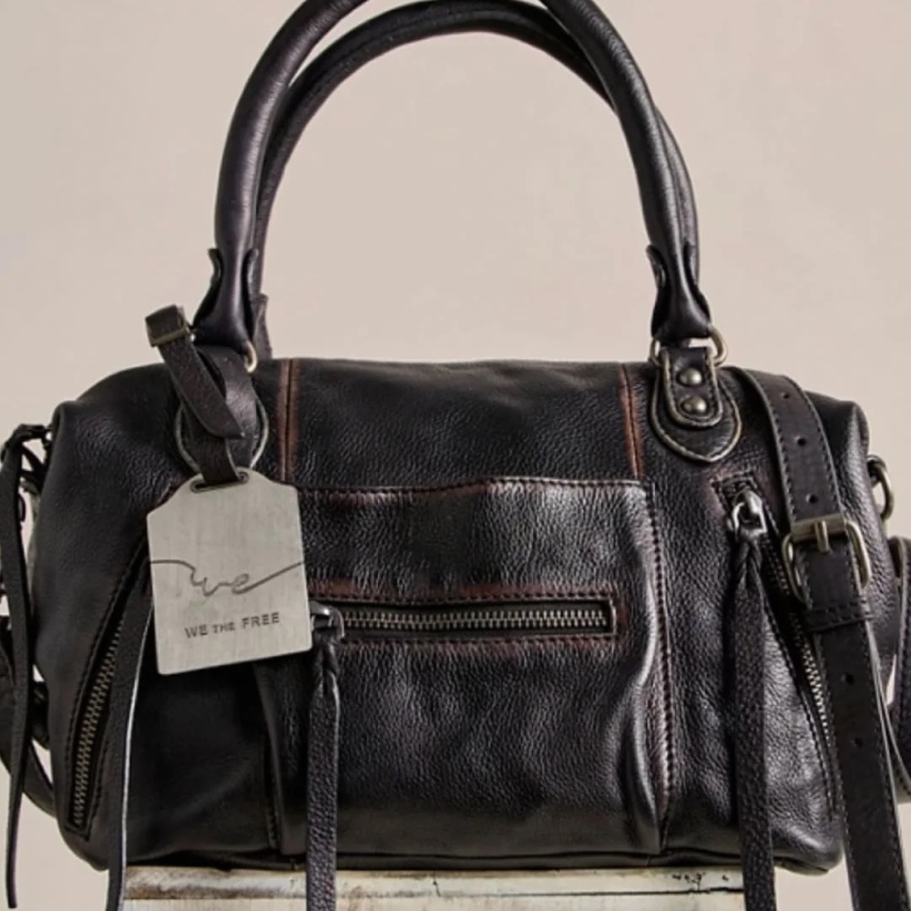 $178! Free People We The Free BABY EMERSON LEATHER TOTE BAG Black NEW